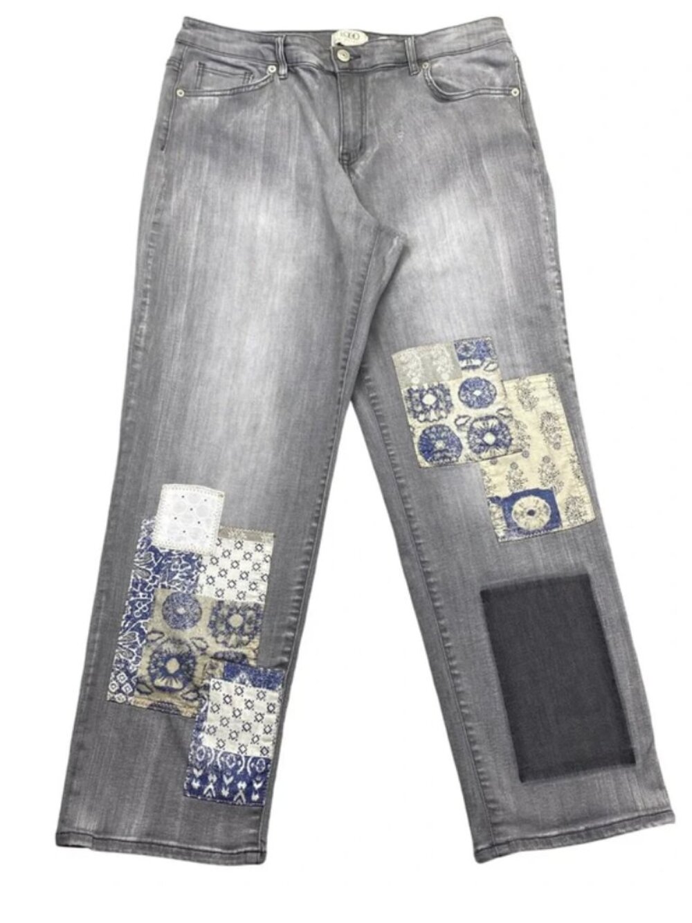 LOGO by Lori Goldstein Patchwork Boyfriend Jeans Lt Grey Wash Plus Petite 28, 30